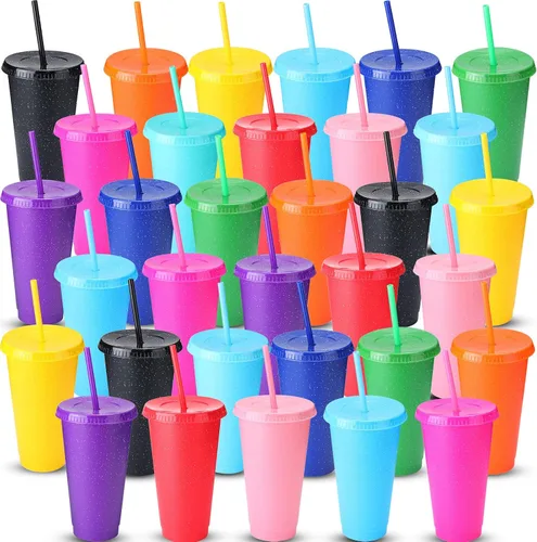 Vista 9 de Potchen Vaso reutilizable con purpurina con pajitas y tapas, vaso de plástico con tapas y popotes a granel, botella de agua, café helado, bebida