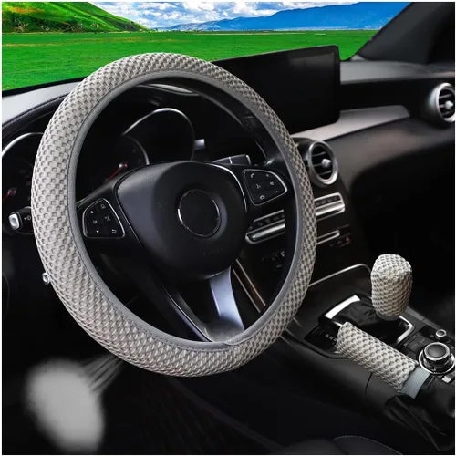 Vista 7 de Bittwee 3 piezas, juego de cubiertas para volante de auto de 15 pulgadas, cubierta para apoyabrazos, cubierta para palanca de cambios, de microfibra