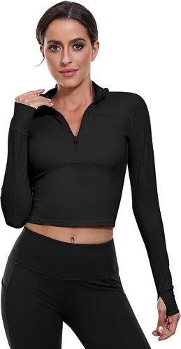 Vista 7 de Neer Paquete de 2 chaquetas de manga larga para mujer, con cremallera de 12, ombligueras de yoga, ajustadas, para correr, con agujeros para el pulgar