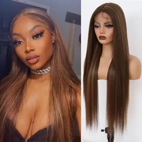 Vista 10 de Lovestory Peluca de encaje frontal larga y recta color blanco platino, predepilada, rubio platino, pelucas de encaje frontal sintético para mujeres