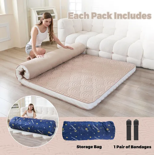 Vista 3 de Zelladorra Colchón japonés para suelo, colchón de futón acolchado con parte inferior antideslizante, cama de piso plegable con bolsa