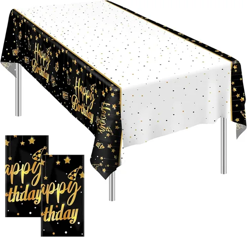 Vista 12 de Ruisita Paquete de 2 manteles rectangulares de color negro y dorado para fiestas de cumpleaños de 18 años, manteles de fiesta de cumpleaños