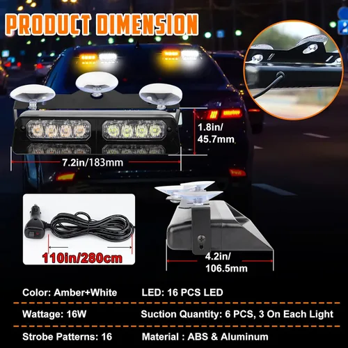 Vista 4 de Luz estroboscópica LED para salpicadero, 16 modos intermitentes 2 en 1, luces estroboscópicas LED de 12 V LED de alta intensidad para parabrisas