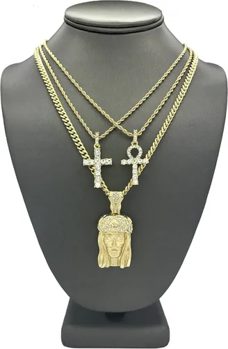 Vista 5 de Shiny Jewelers USA Juego de collar de cadena con colgante de hip hop y diseño de Jesús, manos rezando, tobillos, cruz y ángel, Metal, Circonia cúbica