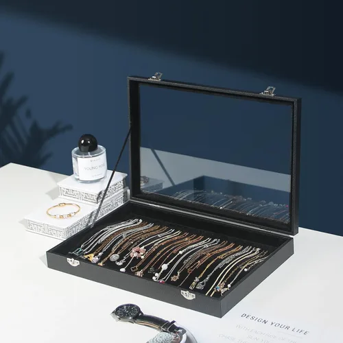 Vista 7 de Coward Joyero organizador de collar de 20 ganchos, a prueba de polvo, estuche de terciopelo negro con tapa de vidrio transparente para uso doméstico