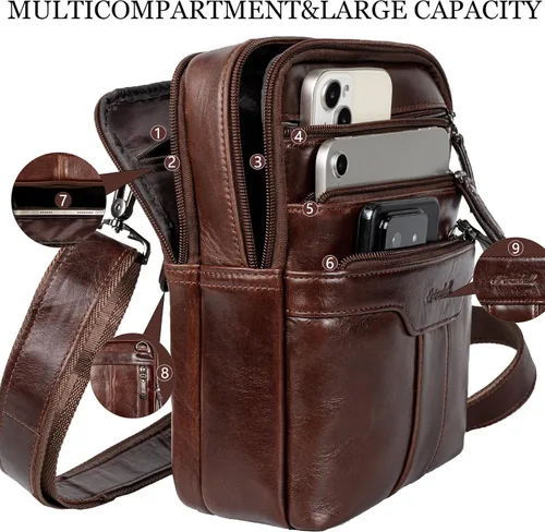 Vista 3 de Bolsa de mensajero de cuero para hombre, bolsa de hombro pequeña de cuero para hombre, bolso de hombre