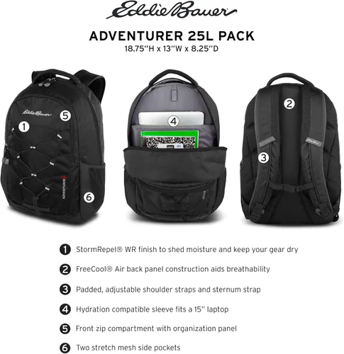 Vista 2 de Eddie Bauer Adventurer - Mochila con Compartimentos Organizados y Manga Compatible con Hidratación/Laptop, Adventurer - Negro, 25L