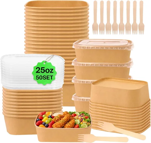 Vista 9 de Paquete de 50 recipientes de comida de papel de 19 onzas con tapas, recipientes de preparación de comidas, cuencos de papel grandes desechables
