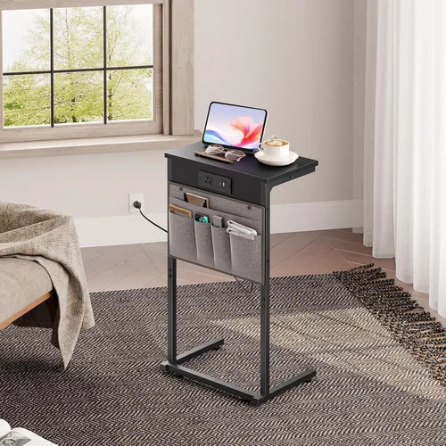 Vista 9 de HOOBRO Mesa auxiliar en forma de C con estación de carga, mesa de sofá de 28 pulgadas de alto para sofá y sillón reclinable para espacios pequeños