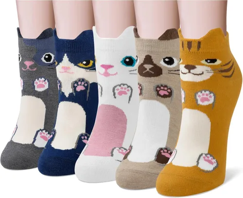 Vista 12 de Justay 5 pares de calcetines de gato - lindos calcetines de algodón de novedad divertidos con diseño de animales para tobillo para mujer, regalos