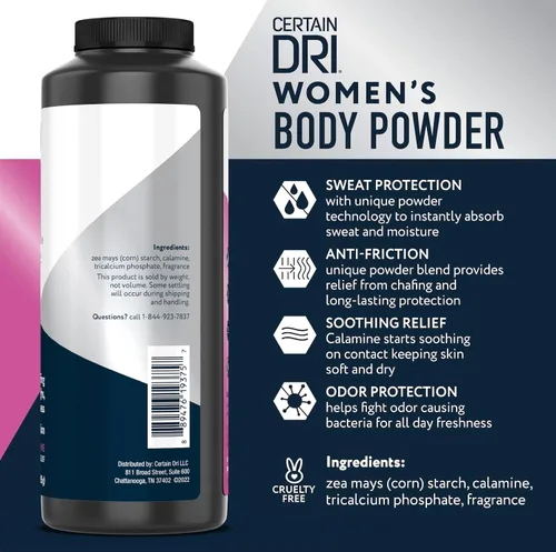Vista 2 de Certain Dri Polvo corporal para mujer, sin talco, control de sudor de triple acción, olor y humedad, fórmula de calamina antirozaduras, recomendada