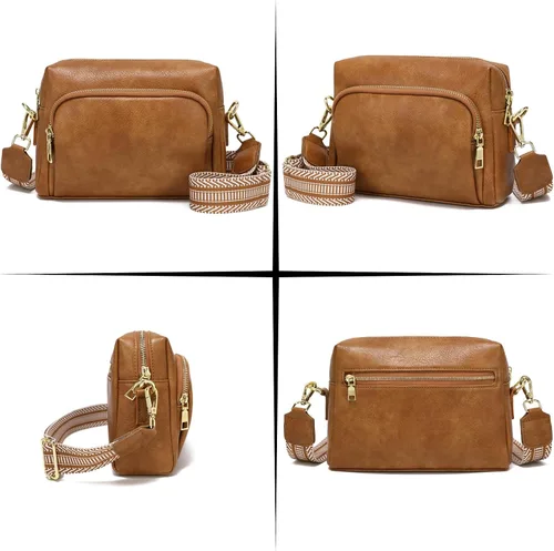 Vista 5 de Bolsos cruzados pequeños para mujer, bolsos cruzados de viaje de cuero vegano, bolsos de hombro con correa de guitarra y correa de cuero