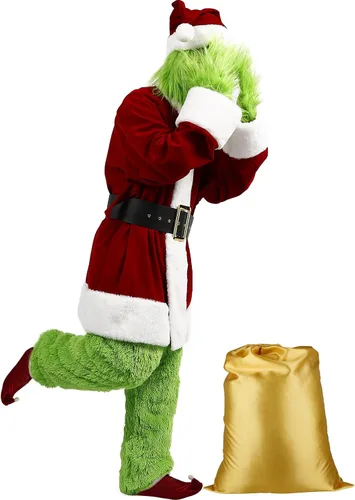 Vista 2 de Saiksi Disfraz de monstruo verde para adulto, disfraz de Papá Noel peludo verde navideño para hombre, 9 piezas divertido traje de Papá Noel