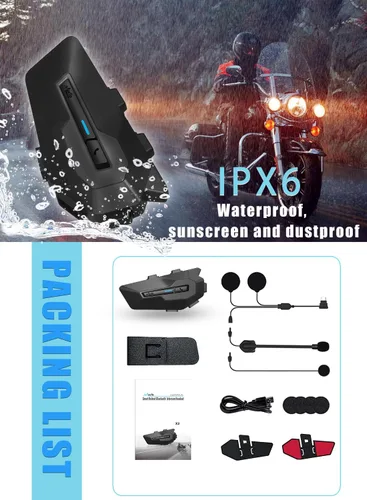 Vista 6 de MAXTO Auriculares Bluetooth X2 para motocicleta con intercambio de música, sistemas de comunicación de casco de 2 conductores de 1000 M, sonido