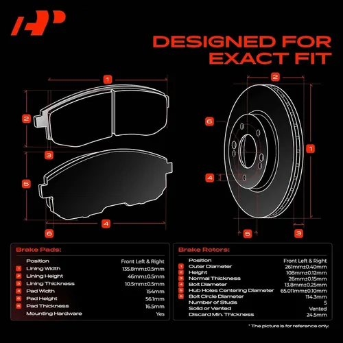 Vista 3 de A-Premium Kit de rotores de freno de disco ventilados delanteros de 10.28 pulgadas (261mm) + pastillas cerámicas compatible con modelos selectos