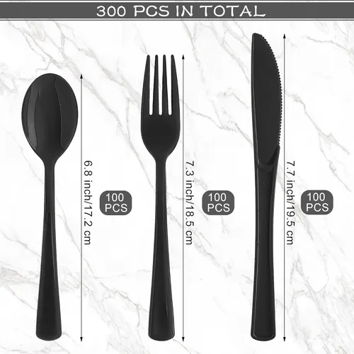 Vista 2 de Kochorie 300 cubiertos de plástico negro de graduación, utensilios desechables resistentes con tenedores, cucharas, cuchillos, cubiertos pesados