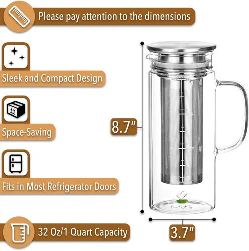 Vista 2 de BTT- Cafetera de café frío, cafetera helada, 1 cuarto de galón, 32 onzas, cafetera de té helado, cafetera fría, jarra de té, accesorios de café