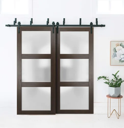 Vista 3 de Panel de puerta de granero de losa de vidrio esmerilado de 42 x 84 pulgadas Lucia 2552 ceniza de chocolate Puertas con acabado resistente