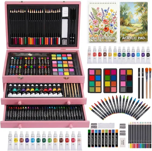 Vista 11 de Juego de arte de lujo de 175 piezas en madera, kit de dibujo y pintura con 2 blocs de dibujo, pinturas acrílicas, lápices de colores, lápices
