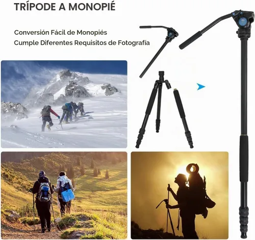 Vista 3 de Sirui Trípode de cámara de aluminio con monopié y cabeza de panorámica fluida VA-5, kit de trípode resistente de 160 cm para cámara DSLR
