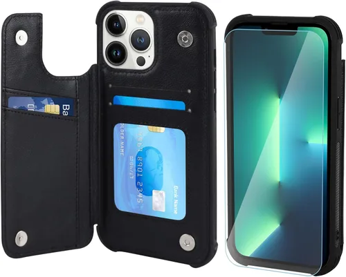 Vista 17 de VANAVAGY Funda tipo cartera compatible con iPhone 13 Mini para mujeres y hombres, funda de piel sintética con tapa para teléfono compatible con Negro