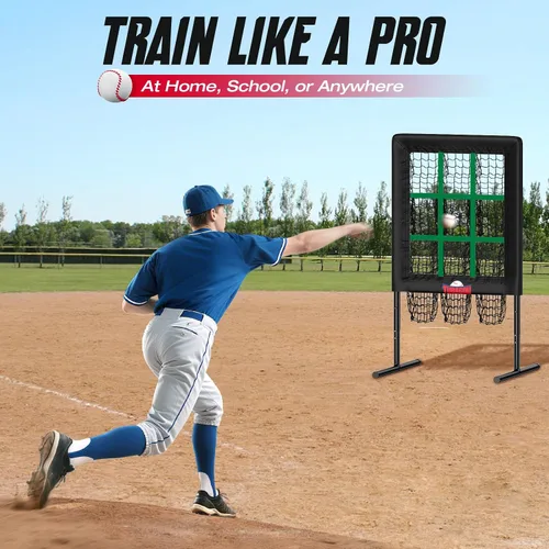 Vista 3 de Red de lanzamiento de béisbol de 9 agujeros con bolsillos para lanzar objetivo Baseball and Softball Pitching Net, Protable and Adjustable Pitcher