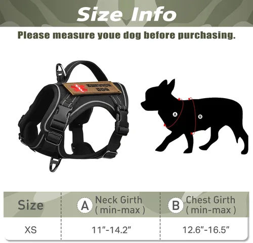 Vista 7 de Arnés táctico XS para perro, chaleco de servicio militar para perro con mango vertical, chaleco para cachorros pequeños sin tirones para Negro