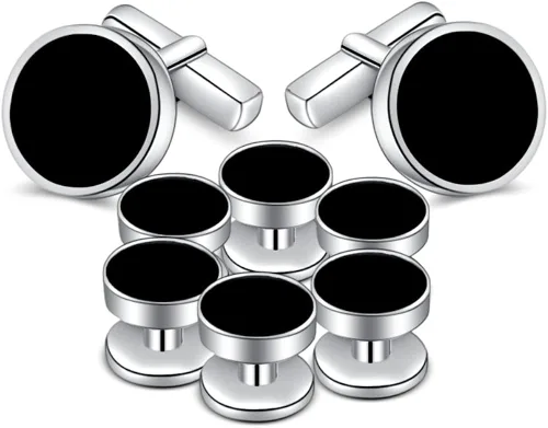 Vista 4 de MERIT OCEAN Juego de gemelos de ónix para hombre y tachuelas de plata y negro para hombres de esmoquin camisas de negocios regalo de boda