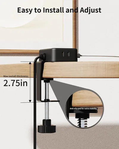 Vista 3 de Regleta de alimentación de abrazadera de escritorio con 4 salidas y 4 USB, cable de extensión de 6 pies para el hogar Desktop Mount Charging