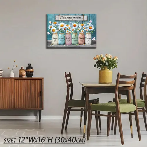 Vista 6 de Lienzo floral enmarcado, arte para la pared, con versículos de la Biblia, con texto en inglés "God Says You are", póster de flores de margarita