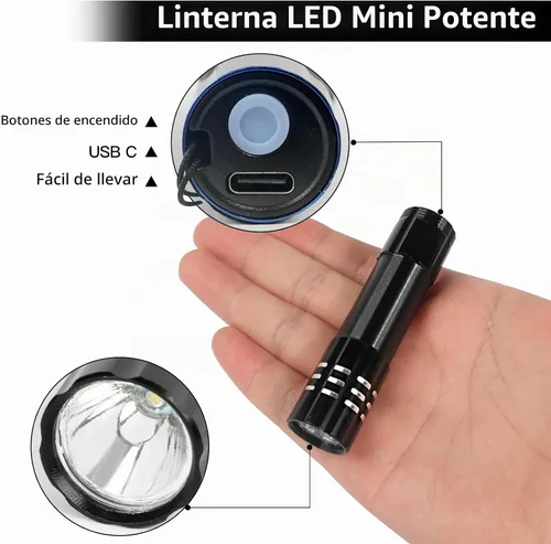 Vista 3 de Paquete de 6 linternas LED de aluminio pequeñas mini USB C recargables, linterna pequeña de mano a granel, linterna portátil para acampar brillante