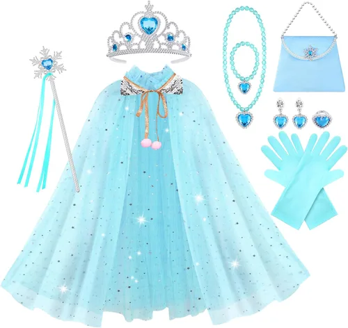 Vista 8 de Vicloon Juego de 11 capas de princesa, capa de princesa con corona, varita, joyas y bolsa, ropa de vestir de princesa para niñas pequeñas, capa