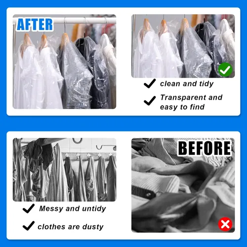 Vista 4 de Paquete de 100 bolsas de plástico para limpieza en seco de 23.6 x 35.4 pulgadas, bolsas de ropa para colgar ropa, cubiertas transparentes