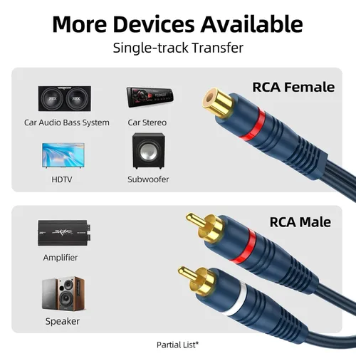 Vista 3 de Divisor RCA 1 hembra a 2 macho, paquete de 2 unidades, RCA Y Splitter Audio Cable Split Adaptador Azul Oscuro - 8 pulgadas