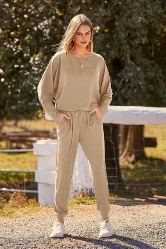 Vista 6 de PRETTYGARDEN - Conjunto de moda de 2 piezas para mujer, color liso, sudadera sin botones y de manga larga, pantalón largo