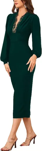 Vista 3 de Rooscier Women's Lace Deep V Neck Lantern Long Sleeve Ruched Split Bodycon Party Midi Dress