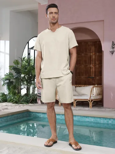 Vista 2 de Lexiart Conjunto de 2 piezas de algodón y lino para hombre, camisa de manga corta con cuello en V, pantalones cortos de playa, trajes de yoga