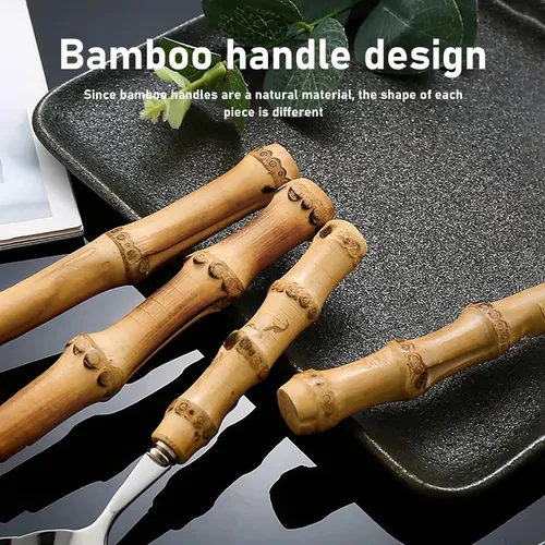 Vista 7 de Juego de cubiertos de bambú de 20 piezas para 4, juego de cubiertos de mango de bambú reutilizable, juego de utensilios de acero inoxidable, juego