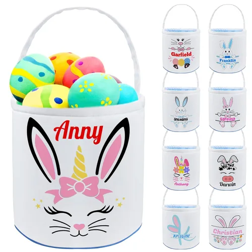 Vista 24 de Cesta de Pascua personalizada con nombre, bolsas de lona personalizadas para niños, cestas de Pascua para bebés, niños y niñas, color azul