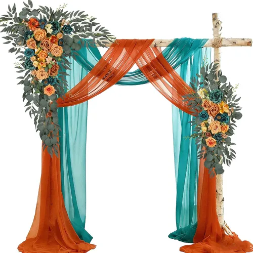 Vista 13 de Kit de flores para arco de boda con cortinas (paquete de 4) – 2 guirnaldas artificiales beige de lujo con 2 cortinas transparentes para ceremonia