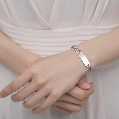 Vista 4 de Pulseras de identificación de alerta médica de 6.5 "-8.5" para mujeres, pulseras de emergencia médica de acero inoxidable, grabado gratuito