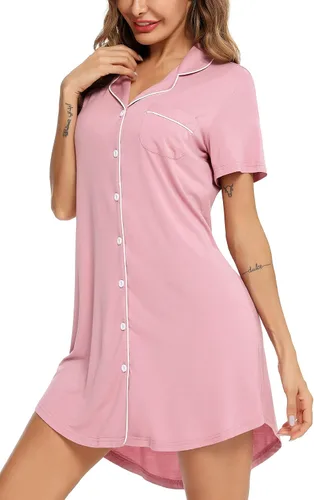 Vista 61 de Samring Camisón de pijama para mujer, manga corta/larga, con botones, camisón para dormir, camisón para novio, talla XXL
