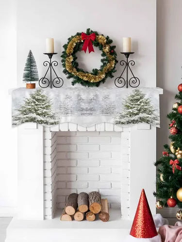 Vista 4 de Bufanda de manto de 70 x 17 pulgadas, árbol de Navidad, árboles de invierno, bosque, copos de nieve, chimenea, mantel, cubierta de mantel
