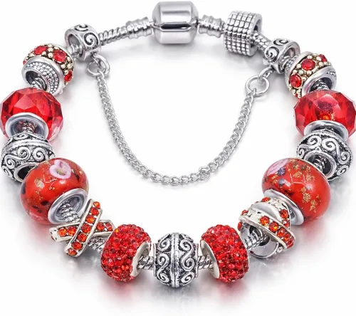 Vista 6 de Savlano Silver Tone Charm Bracelet with Crystal and Murano Glass Beads Snake Chain for Women Comes in a Gift Box