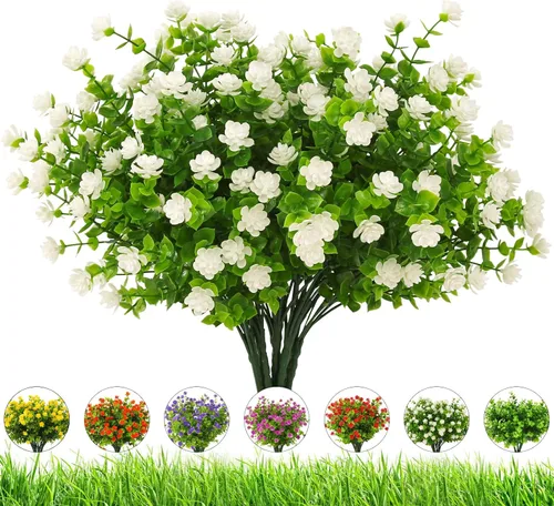 Vista 14 de Flores artificiales para exteriores, 8 paquetes de flores falsas resistentes a los rayos UV, flores sintéticas de plástico para exteriores, plantas