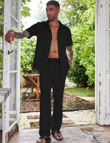 Vista 3 de COOFANDY Conjunto de 2 piezas de lino para hombre, conjunto de camisa y pantalón con botones para la playa