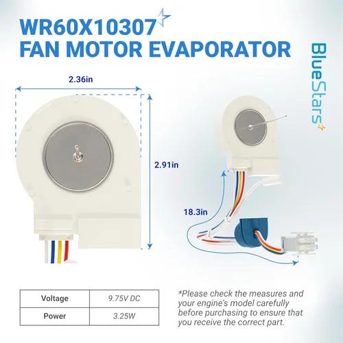 Vista 2 de BlueStars WR60X10074 WR60X10307 Pieza de repuesto del motor del ventilador del evaporador – Compatible con refrigeradores GE Hotpoint – Reemplaza