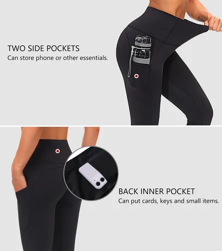 Vista 3 de THE GYM PEOPLE Pantalones de yoga gruesos de cintura alta con bolsillos, forro polar, control de abdomen, leggings de entrenamiento para mujer