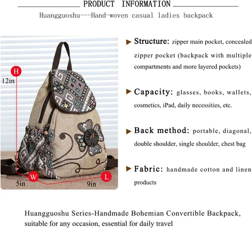 Vista 6 de HUANGGUOSHU Mochila para mujer Bolso pequeño convertible estilo bohemio con diseño tejido y hongo, para mujer hippie, Flor de cuatro hojas