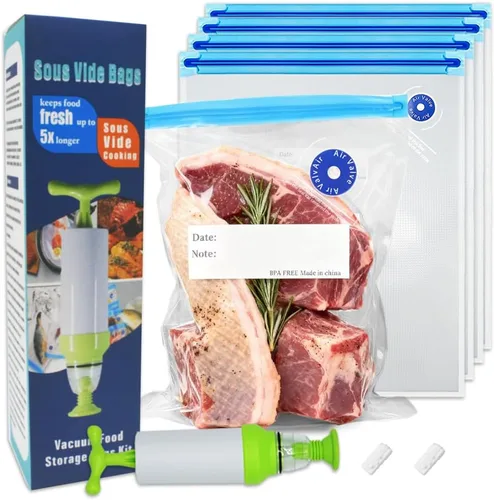 Vista 10 de Sous Vide Bags - 20 bolsas de 8.3 x 8.7 pulgadas/8.3x8.7 in, sin BPA, reutilizables, selladoras al vacío, mantienen los alimentos frescos